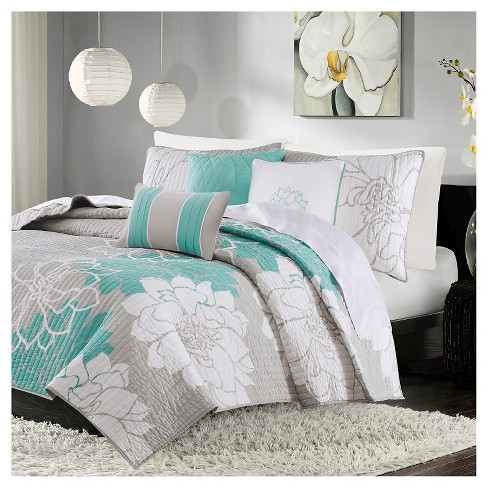 Jane Floral Quilted Coverlet Set Full Queen Aqua 6pc Target
