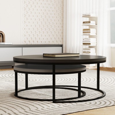 Gaoyangjiaju 31.5/23.7 In, Modern Round Coffee Table Set, Nesting Cocktail Tables with Black Metal Legs