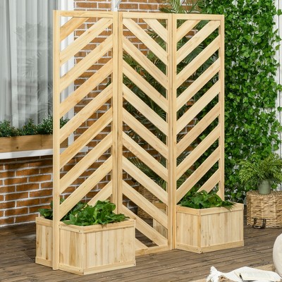Natural Wood Folding Privacy Screen with Planters