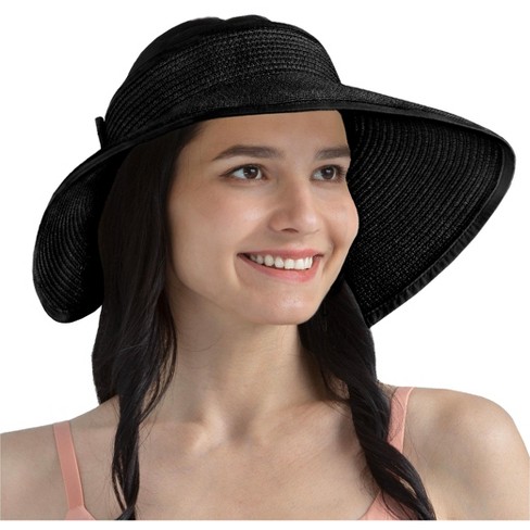 Sun Visor Hats For Women Wide Brim Straw Roll-Up Ponytail Summer