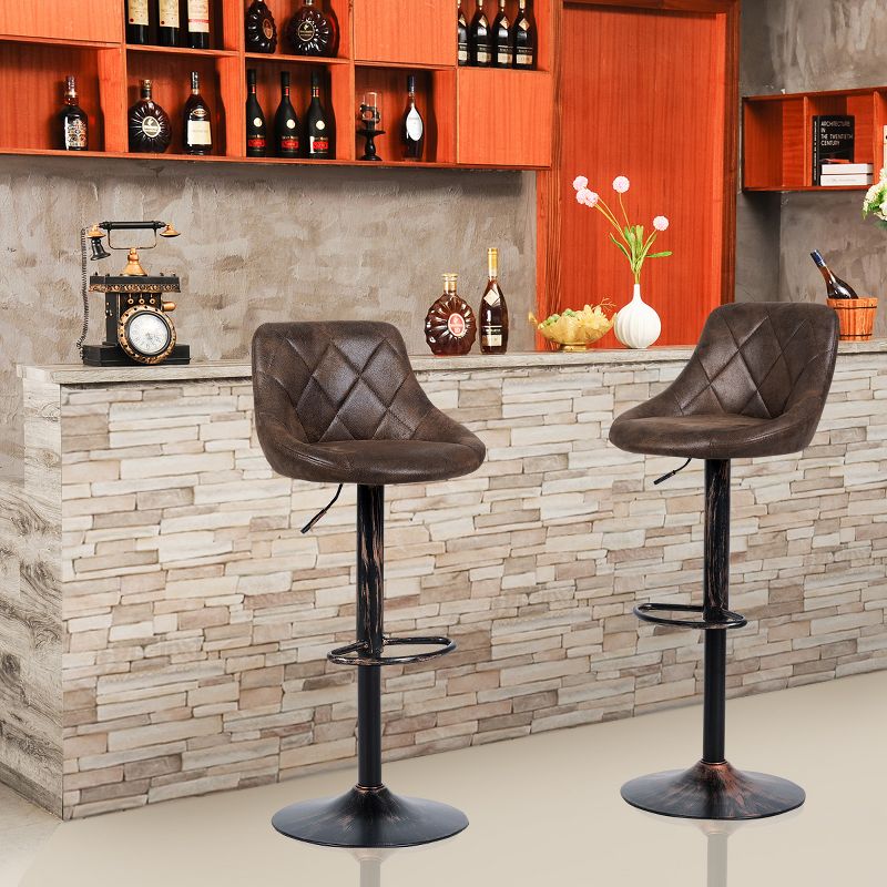 Costway Set of 2 Adjustable Bar Stools Swivel Bar Chairs Hot-stamping Cloth Retro Brown Low Back, 3 of 11