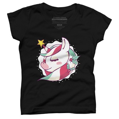 Girl's Design By Humans Striped Christmas Unicorn By rasok T-Shirt