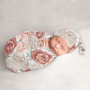 Sweet Jojo Designs Girl Baby Cocoon and Beanie Hat Swaddle Wrap Peony Floral Garden Pink and Ivory 2pc - 1 of 4