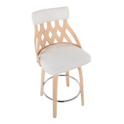 Mid-Century Natural Wood & Cream Fabric 26" Swivel Counter Stool