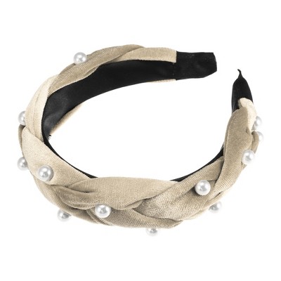 Unique Bargains Women's Braided Faux Pearl Velvet Headband Hairband Accessories 1.2" Wide 1 Pc