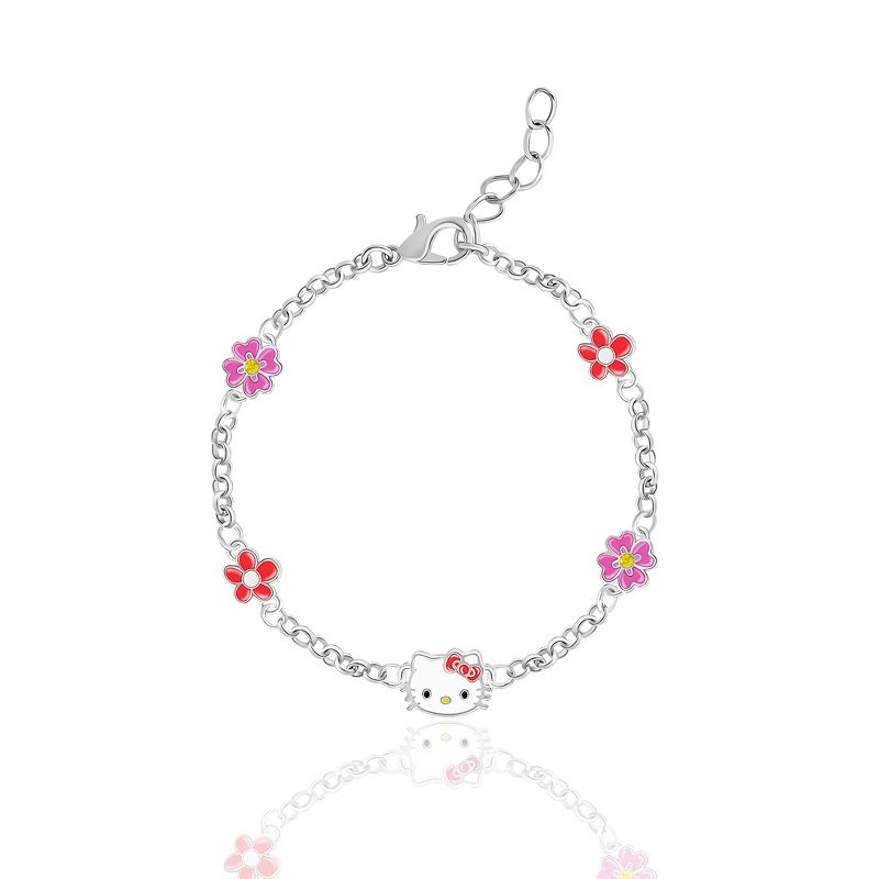 Sanrio Hello Kitty Officially Licensed Authentic Silver Plated Bracelet with Flowers or Hearts and Crystals - 6.5 + 1", 1 of 5