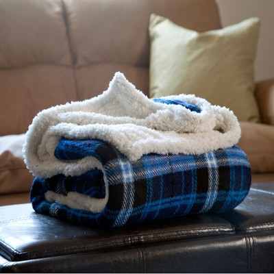 Hastings Home Checkered Fleece Sherpa Blanket Throw - 50" x 60", Blue