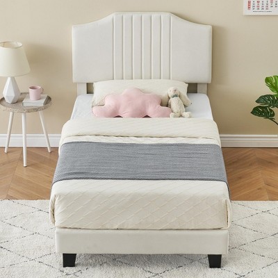 Twin Bed Frame Upholstered Platform with Headboard,Beige/Pink