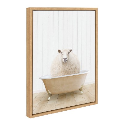 Kate and Laurel Sylvie Sheep Farmhouse Bath Framed Canvas by Amy Peterson Art Studio, 18x24, Natural