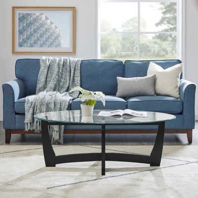 VYNXARIA 48-Inch Oval Glass Coffee Table with Solid Wood Frame - Elegant Centerpiece