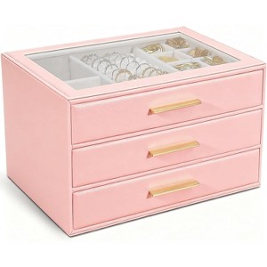 Glass Lid Jewelry Organizer with 3 Drawers and PU Exterior - 1 of 4