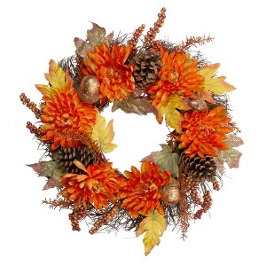 Northlight Mums and Acorns Artificial Floral Twig Wreath, 22-Inch, Unlit - 1 of 4