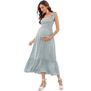 Clearlove Womens Maternity Dress Sleeveless Smocked Square Neck Floral Ruffle Hem Casual Boho Midi Dress Baby Shower Photoshoot - 1 of 4