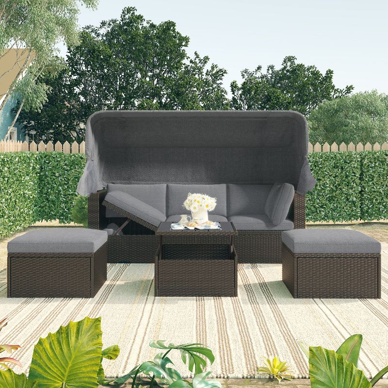Outdoor Patio Rectangular Daybed with Retractable Canopy, Washable Cushions, 2 Ottomans and 1 Coffee Table - ModernLuxe, 1 of 13
