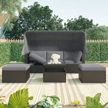Outdoor Patio Rectangular Daybed with Retractable Canopy, Washable Cushions, 2 Ottomans and 1 Coffee Table - ModernLuxe