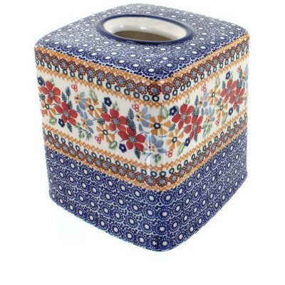 Blue Rose Polish Pottery Red Daisy Tissue Box