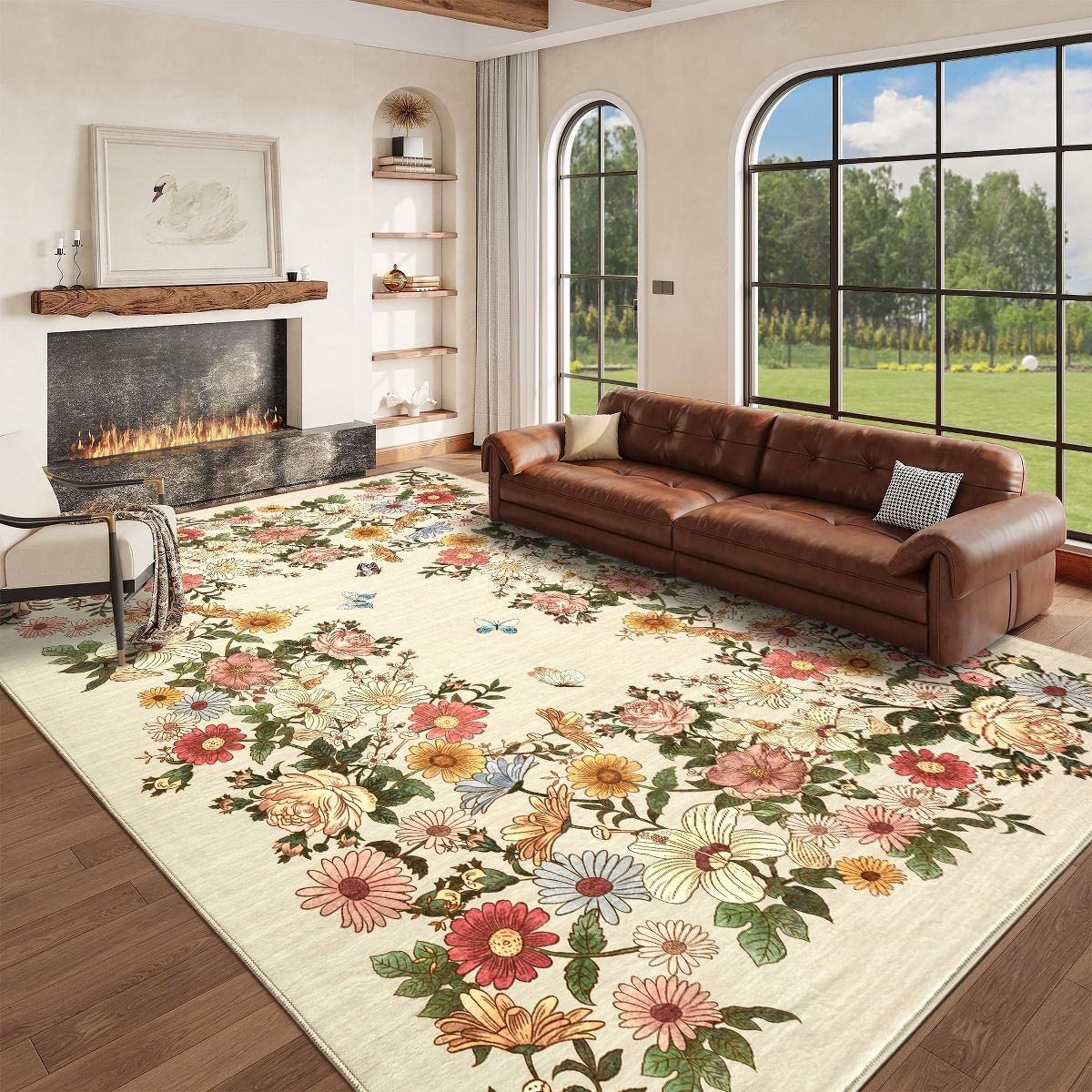 Washable Floral Area Rug, Modern Indoor Rug with Non-Slip TPR Backing, Foldable Flatwoven Pearl Velvet Rug for Living Room (Multiple Colors & Sizes) - thumbnail 9