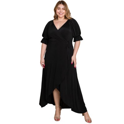 Slickblue Plus Size Faux Wrap Dress, Venezia Maxi, Hi-Low Hemline, Puff Sleeve, Black, Sizes 1XL–3XL