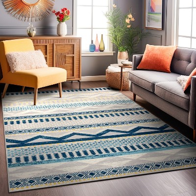 Boho Blue Geometric Tufted Synthetic Area Rug