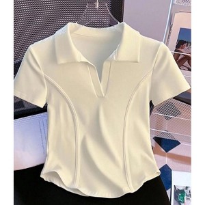 TIME HOLLOW Fitted Cropped Fishbone Polo Top - 1 of 3