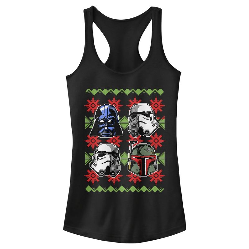 Juniors Womens Star Wars Ugly Christmas Empire Helmets Racerback Tank Top, 1 of 5