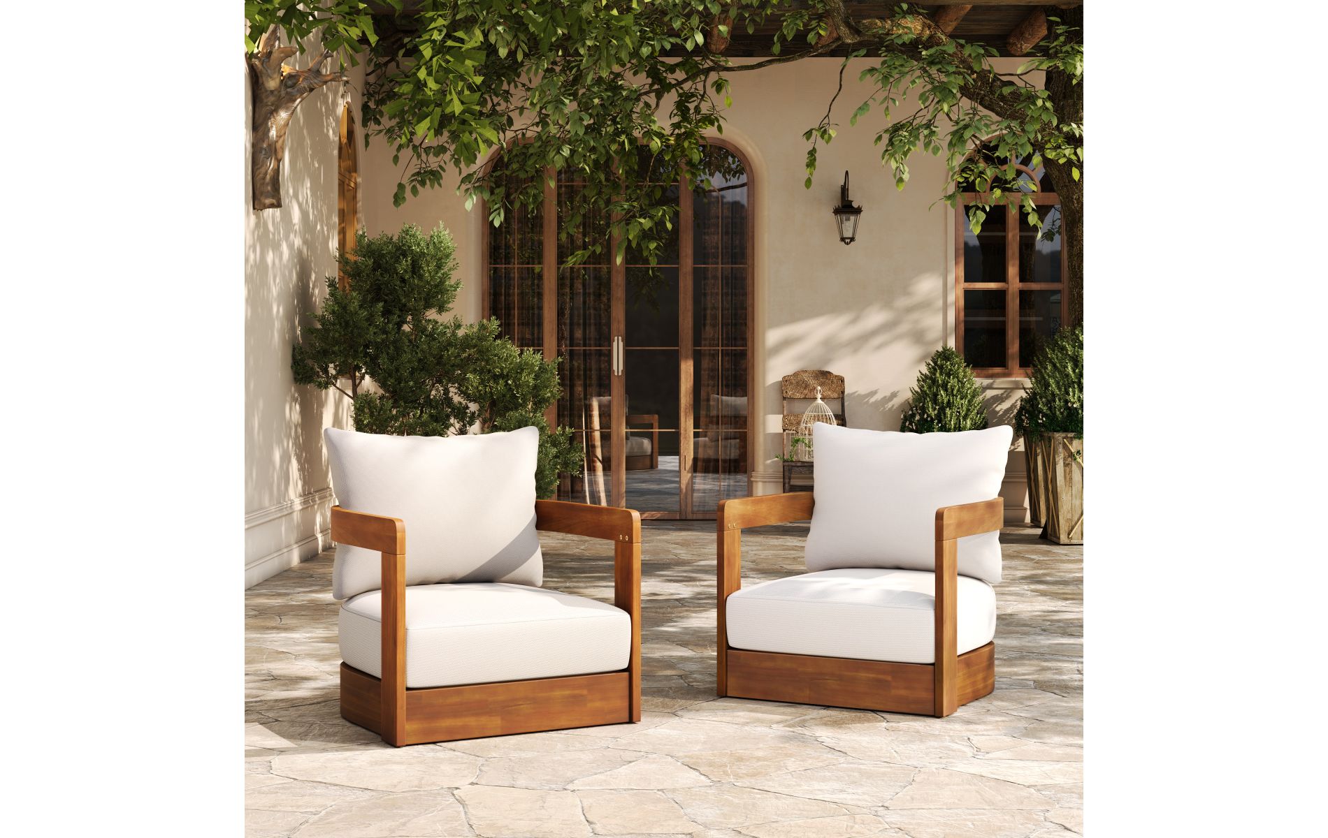 Set of 2 Acacia Wood Tub Outdoor Lounge Chair, 29.5'' Slatted Patio Armchair with Water-Resistant Cushions for Garden-3irtyhousy