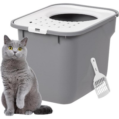 Gray and White Top Entry Cat Litter Box with Scoop