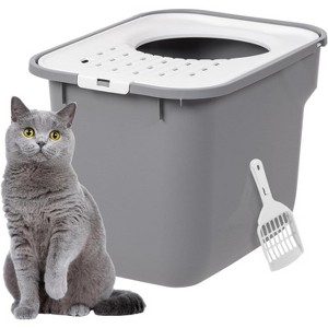 IRIS USA Square Top Entry Cat Litter Box with Scoop, Gray/White - 1 of 4