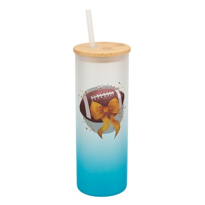 Elanze Designs 25 Ounce Frosted Glass Gradient Travel Tumbler With Straw and Wooden Lid, Football With Orange Bow Sky Blue