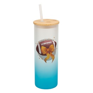Elanze Designs 25 Ounce Frosted Glass Gradient Travel Tumbler With Straw and Wooden Lid, Football With Orange Bow Sky Blue - 1 of 1