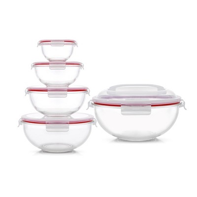 JoyFul by JoyJolt Kitchen Mixing Bowls. 5pc Glass Bowls with Lids Set – Neat Nesting Bowls - Red