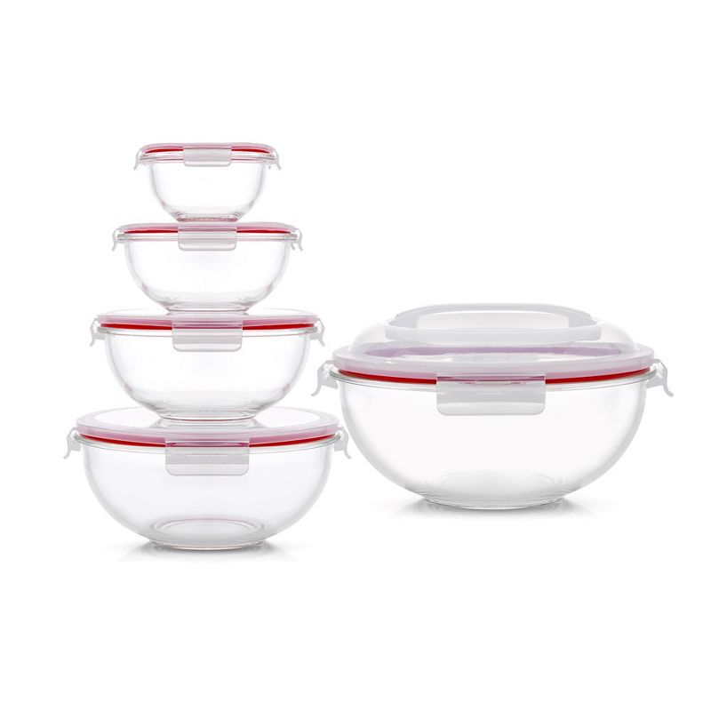 JoyFul by JoyJolt Kitchen Mixing Bowls. 5pc Glass Bowls with Lids Set – Neat Nesting Bowls - Red, 1 of 8