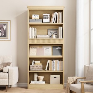 71" Tall Bookcase w/Double Fluted Design, 5 Tier Vintage Bookshelf with Wooden Base, Wooden Bookshelf Rustic Vintage Book Shelf for Office Library - 1 of 4