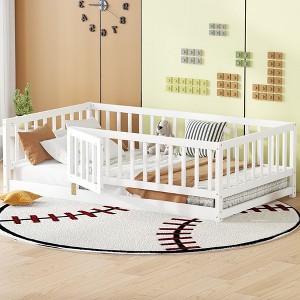 Okak Twin Montessori Floor Bed Frame with Safety Fence and Door, Solid Wood Children's Floor Bed Frame with Slats for Kids Easy to Assemble, White - 1 of 4