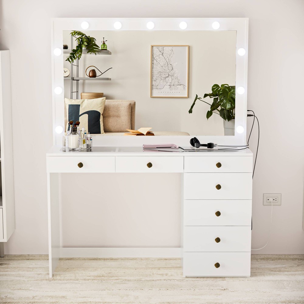 Photos - Bedroom Set Tatiana Lighted with Knobs Makeup Vanity White/Gold - Boahaus