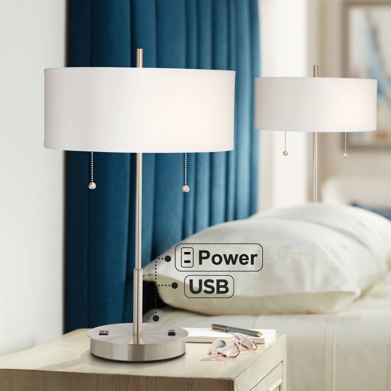 360 Lighting Nikola Modern Accent Table Lamps 23 3/4" High Set of 2 Silver with USB and AC Power Outlet in Base White Drum Shade for Bedroom Home Desk, 2 of 9