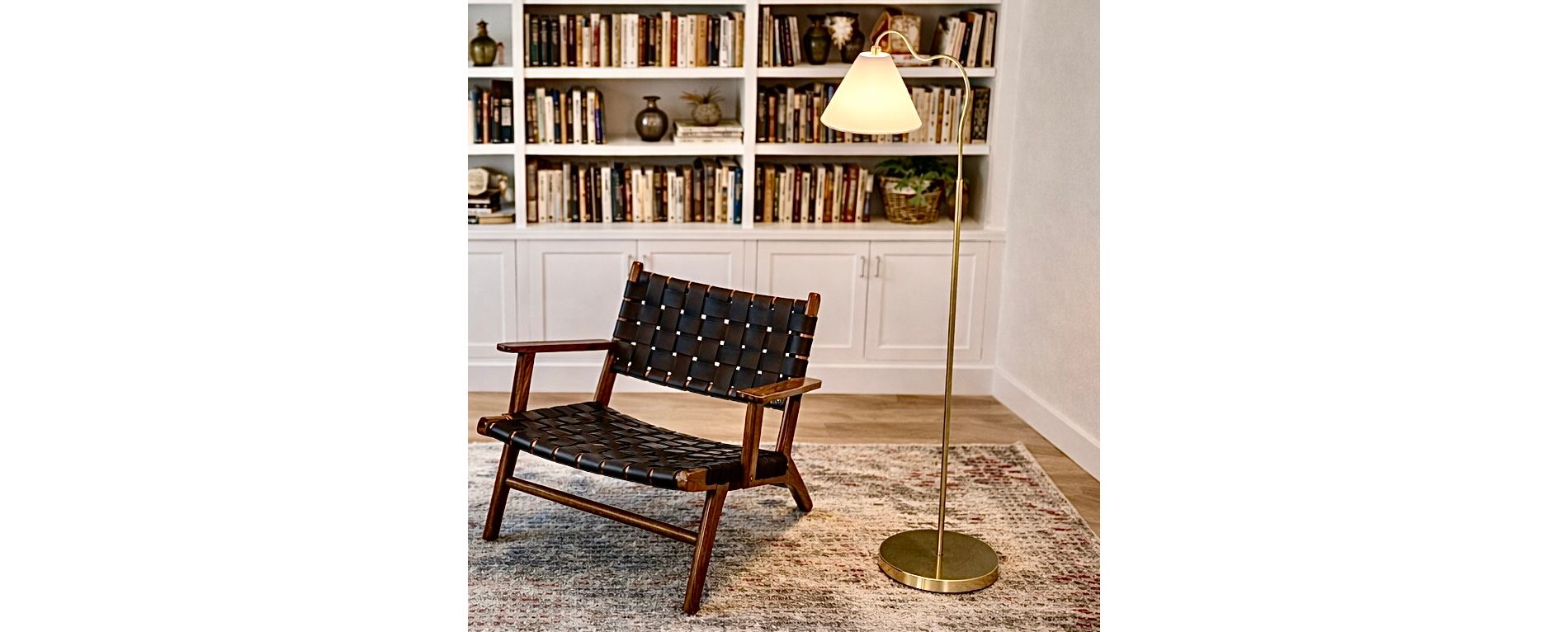Brass Ring Base Curved Floor Lamp with Triangle White Drum Shade, Gold Metal