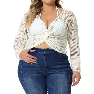 Agnes Orinda Women's Plus Size Knitted V-Neck Ruched Cross Front Hollow Out Long Sleeve Cover Up Tops - 1 of 4