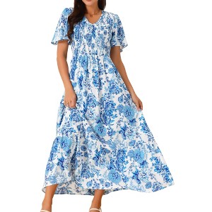 Seta T Women's Floral Short Flutter Sleeve V Neck Smocked High Waist Flowy Maxi Dress - 1 of 4