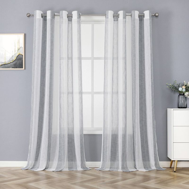 Whizmax Semi Sheer Curtains Room Decorative Vertical Stripe Voile Grommet Faux Linen Textured Window Drapes, 2 Panels, 2 of 8