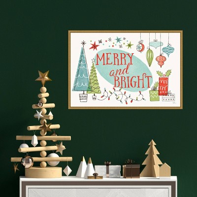 Merry and Bright Christmas Tree Canvas Print with Gold Frame