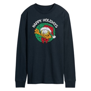 Men's - Garfield - Happy Holidays Wreath Long Sleeve Graphic T-Shirt - 1 of 4