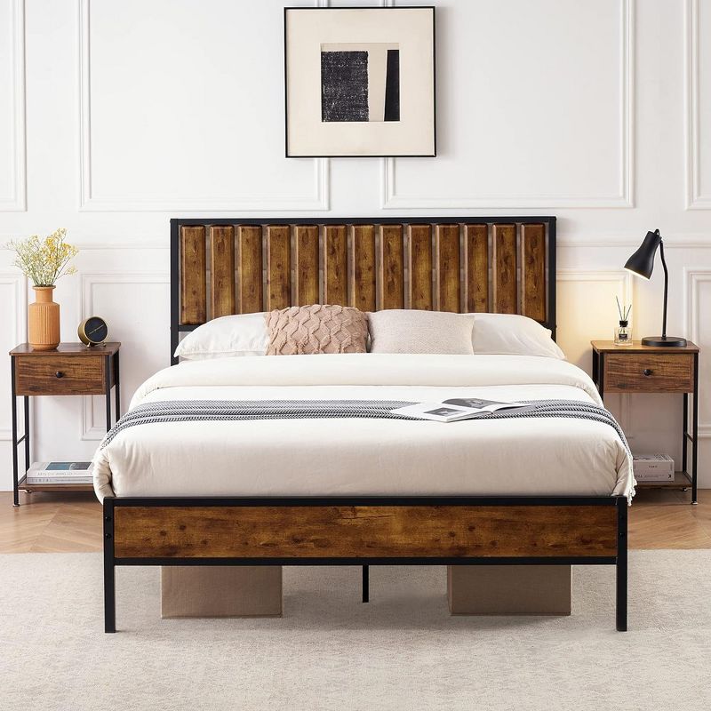 Whizmax Bed Frame with Wood Headboard, Noise-Free, No Box Spring Needed, Brown, 2 of 8