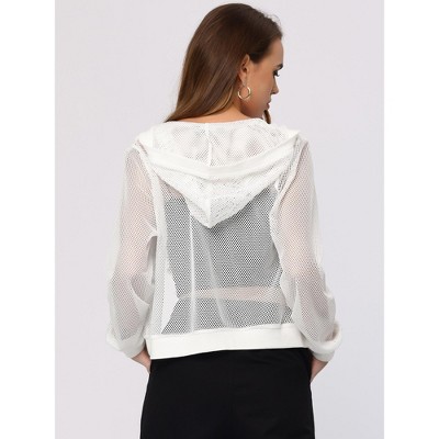 Женские худи INSPIRE CHIC Women's Zip Up Long Sleeve Mesh Sheer Bomber Jackets Large White — фото 3