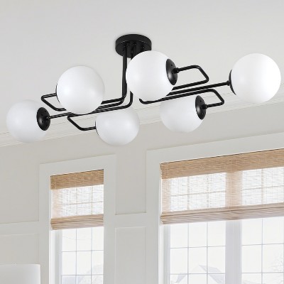 PAKOKULA 6-Light Black Semi-Flush Mount Ceiling Light with White Globe Shades, Dimmable Sputnik Design
