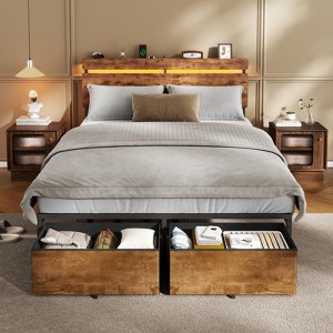 Full Size Bed Frame with Wood Headboard Metal Platform Bed with 2 Storage Drawers Shelf Built in Charging Station LED Lights No Box Spring Needed - 1 of 4