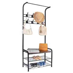 Garvee Coat Rack Shoe Bench, 3-in-1 Hall Tree Shoe Rack for Entryway, 3-Tier Storage Shelf and 8 Hooks Removable, Brown - 1 of 4