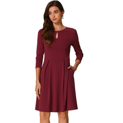 INSPIRE CHIC Women's Crew Neck 3/4 Sleeve Pleated Neck A-Line Above Knee Dress