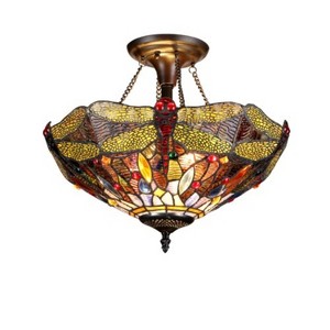 Homestock Dragan Tiffany-Style 2 Light Dragonfly Semi-Flush Ceiling Fixture 16" Shade - 1 of 4