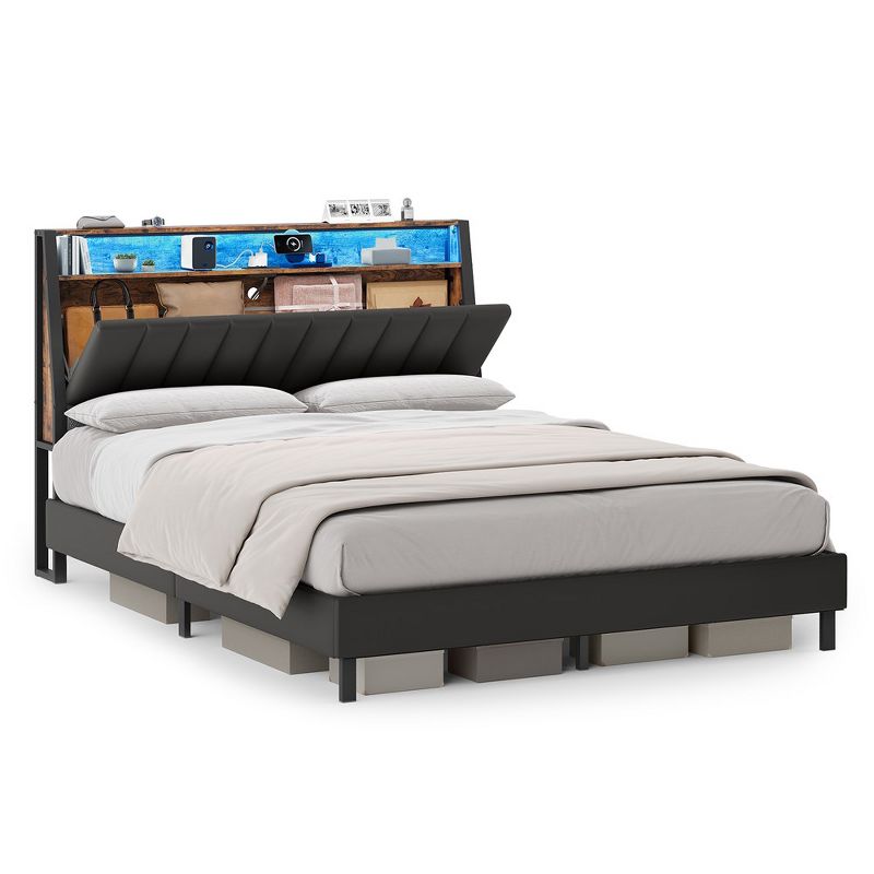 VASAGLE LED Bed Frame Full/Queen Size with Storage Headboard and Charging Station, 3 of 11